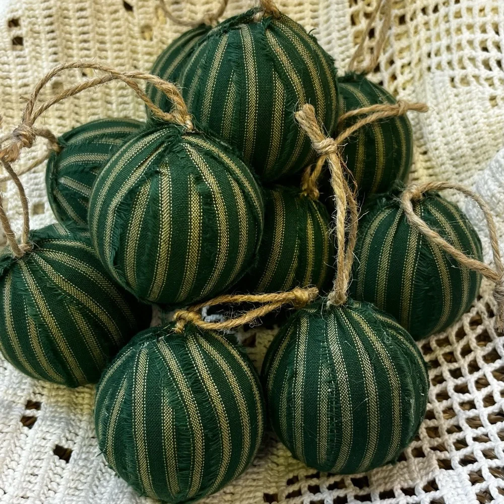 10 Primitive green stripe Fabric RAG BALLS Christmas Ornaments farmhouse decor